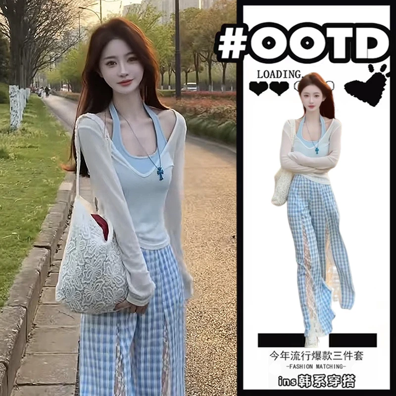夏季多巴胺穿搭女2025新款防晒罩衫挂脖背心蕾丝格子裤三件套装