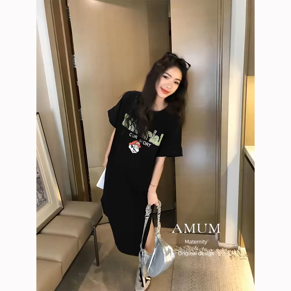 清清价 美式复古字母卡通连衣裙女显瘦夏宽松高级感短袖T恤