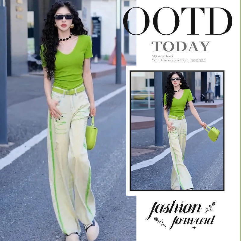 夏季穿搭一整套女2025新款时尚减龄短袖T恤气质显瘦牛仔裤两件套