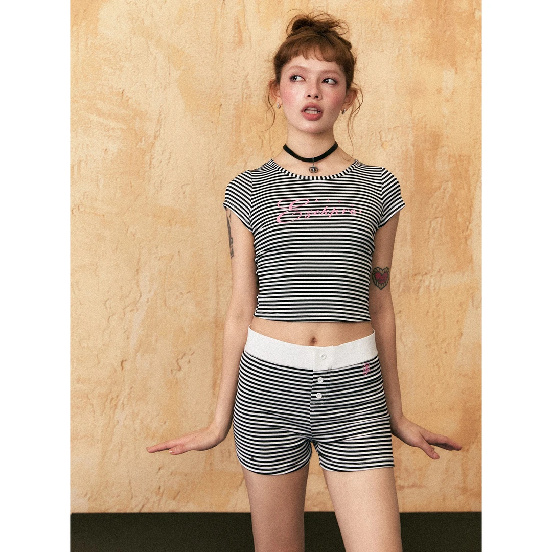 【直播间清仓款no退no换】条纹短款露肚脐短袖T恤女夏季修身显瘦