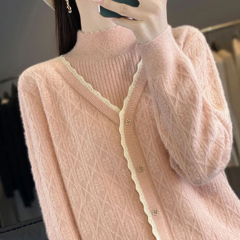 鄂尔多斯市纯100羊毛衫假两件花边上衣女秋冬时尚百搭羊绒打底衫