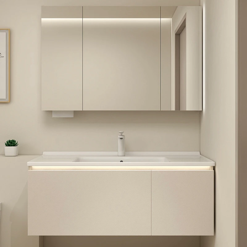 奶油风一体盆浴室柜75/85/95公分洗脸盆柜组合卫浴柜卫生间洗漱台