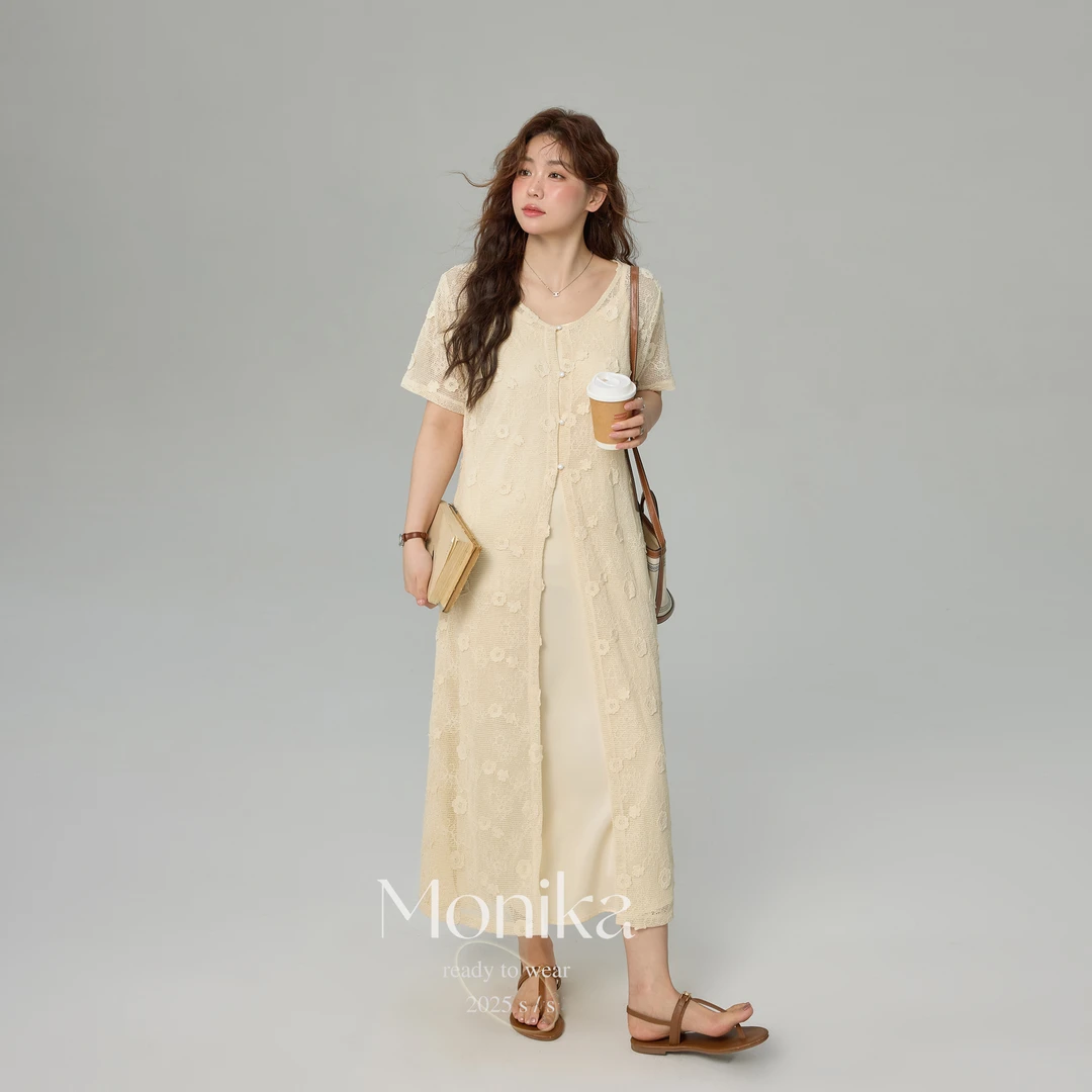 大码女装2025夏季蕾丝长款开衫+吊带裙两件套连衣裙75961-75963