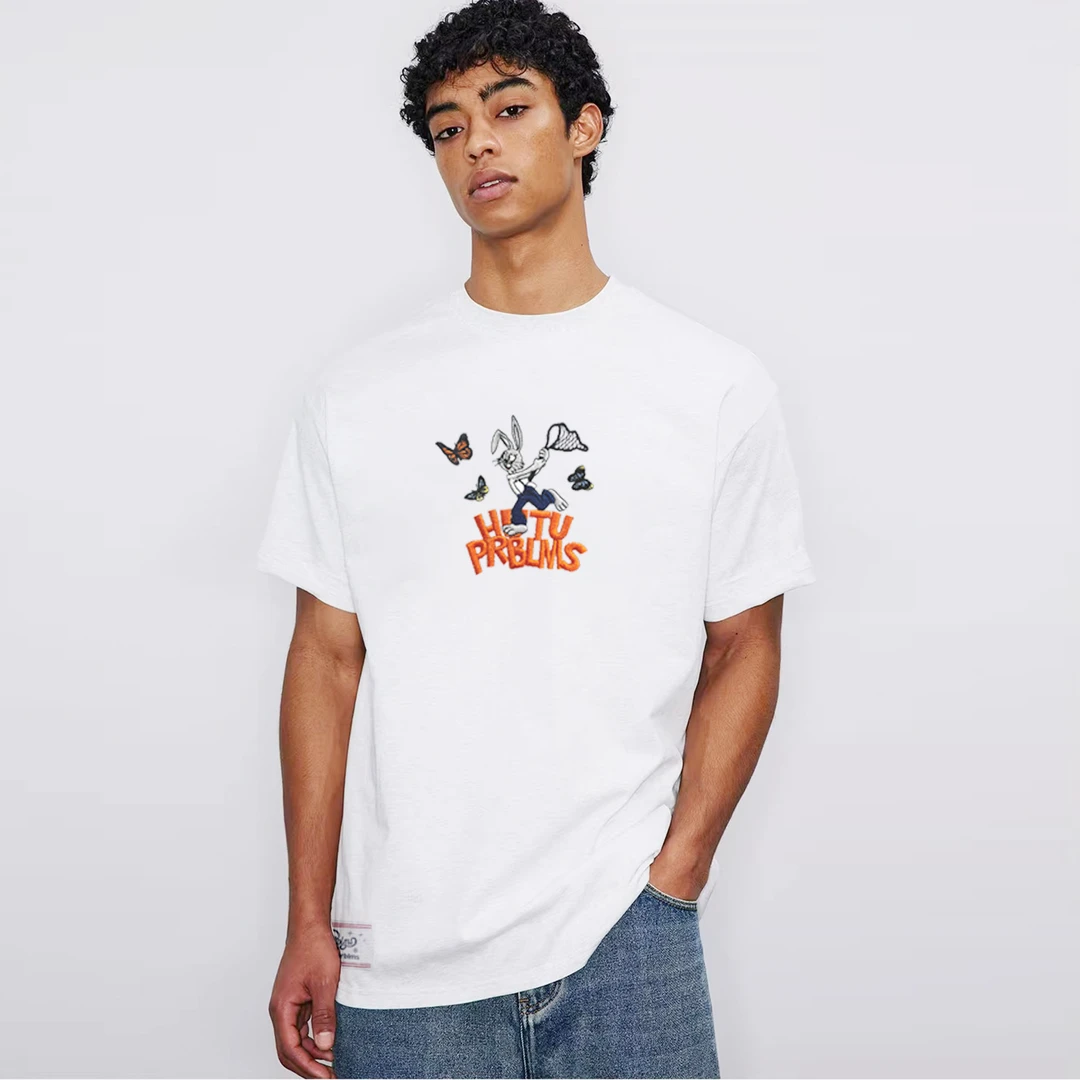 PRBLMS美式趣味兔子字母刺绣嘻哈男女休闲百搭宽松春夏短袖T恤