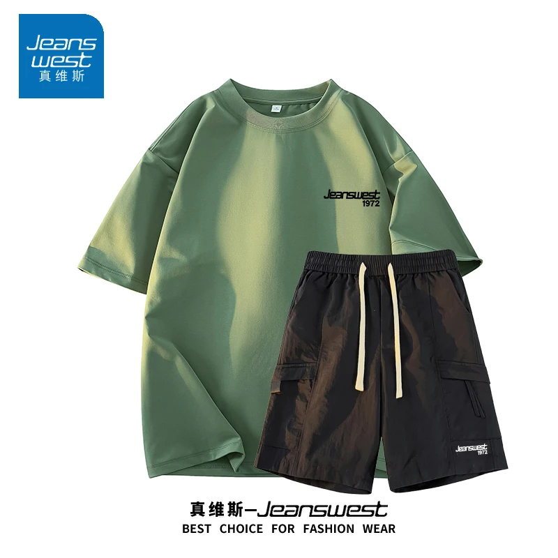 真维斯男生休闲运动套装夏季冰丝工装短裤纯棉短袖两件套情侣衣服