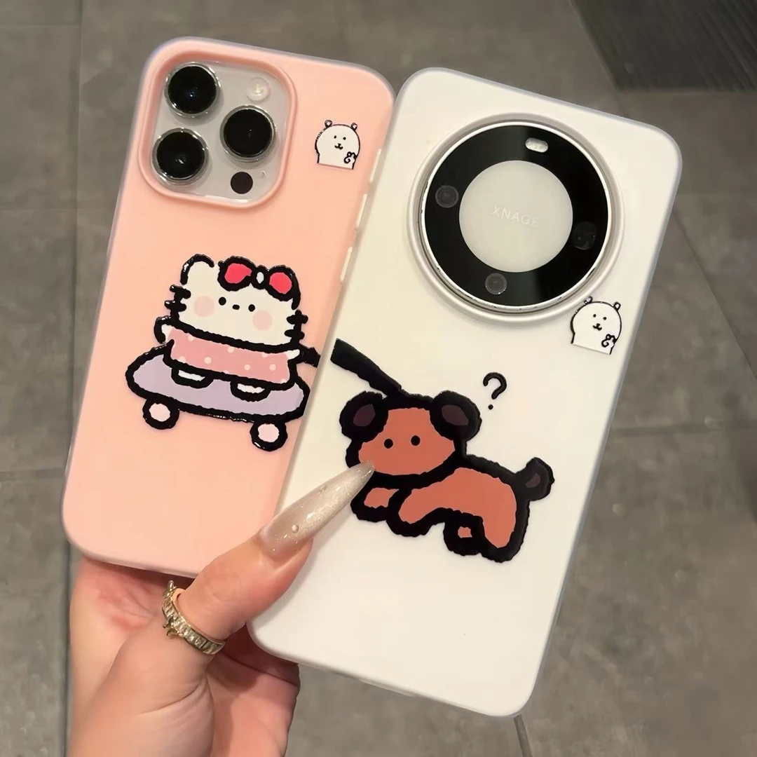 滑板凯蒂牵狗情侣适用苹果16手机壳iPhone15华为vivo小米14oppo套