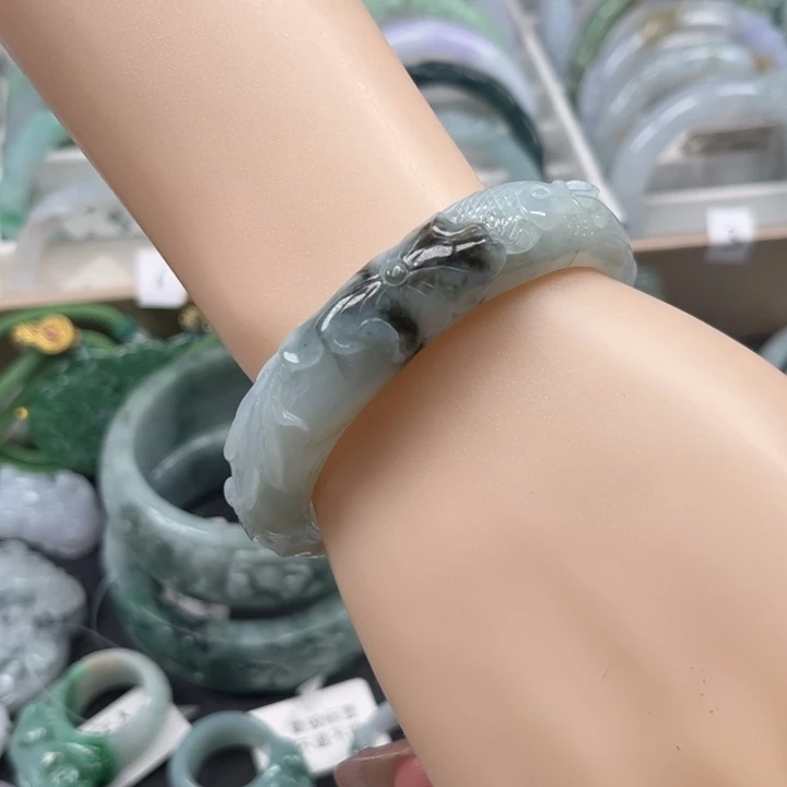 翡翠未镶嵌手镯033荷花鱼54