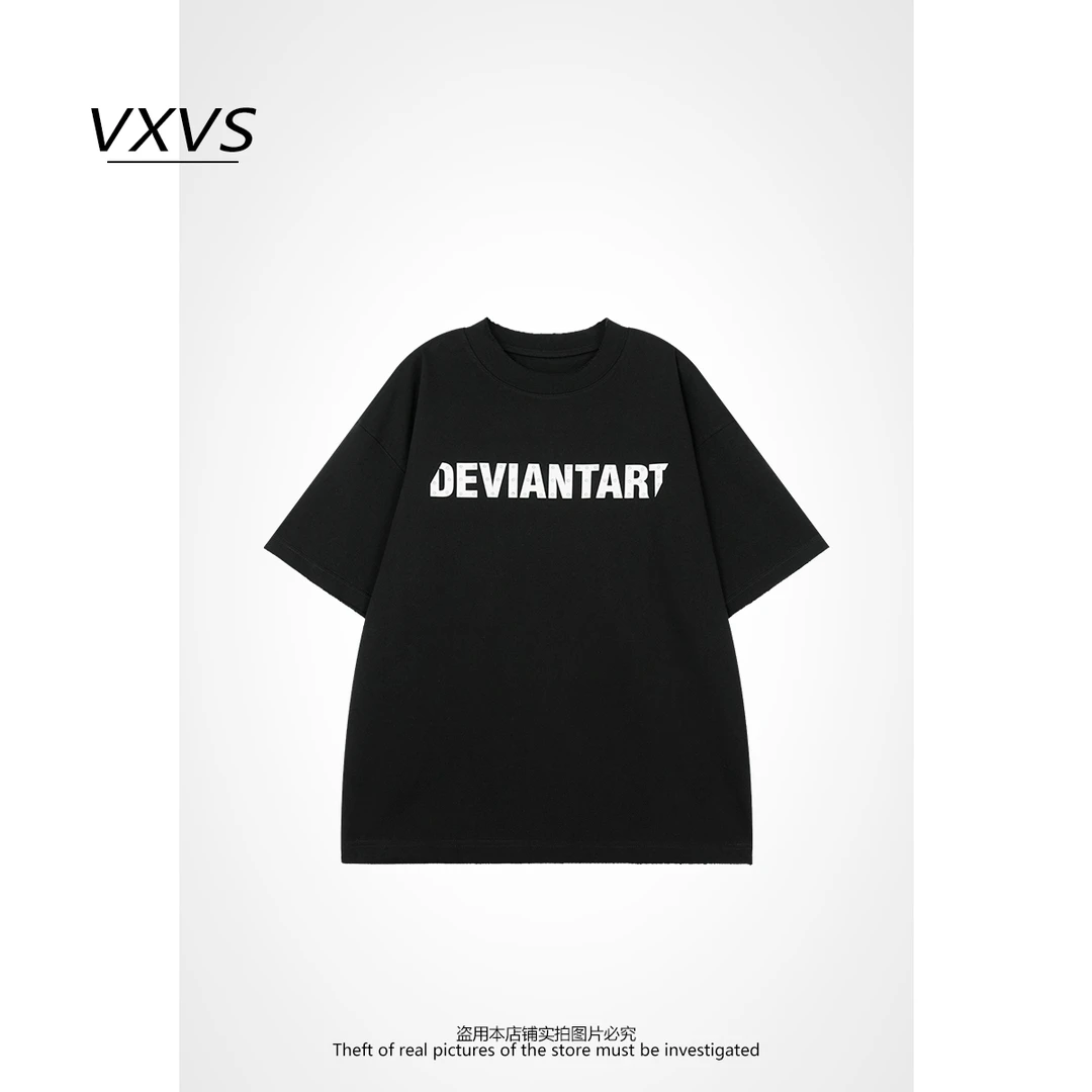 VXVS 【字母圆领】夏季时尚重磅纯棉烧花字母泼墨T恤 182082