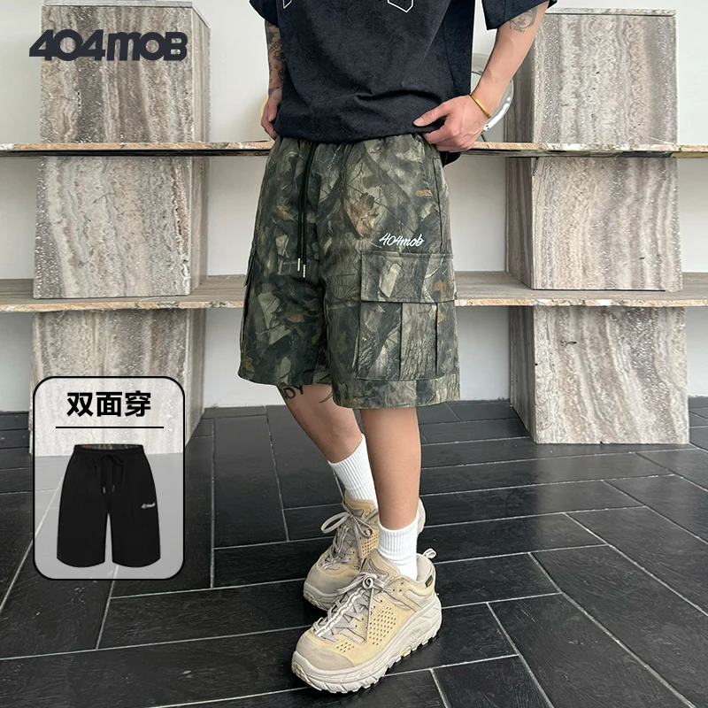 404MOB美式丛林工装刺绣短裤男双面穿耐磨做旧格子裤树枝纹理小众