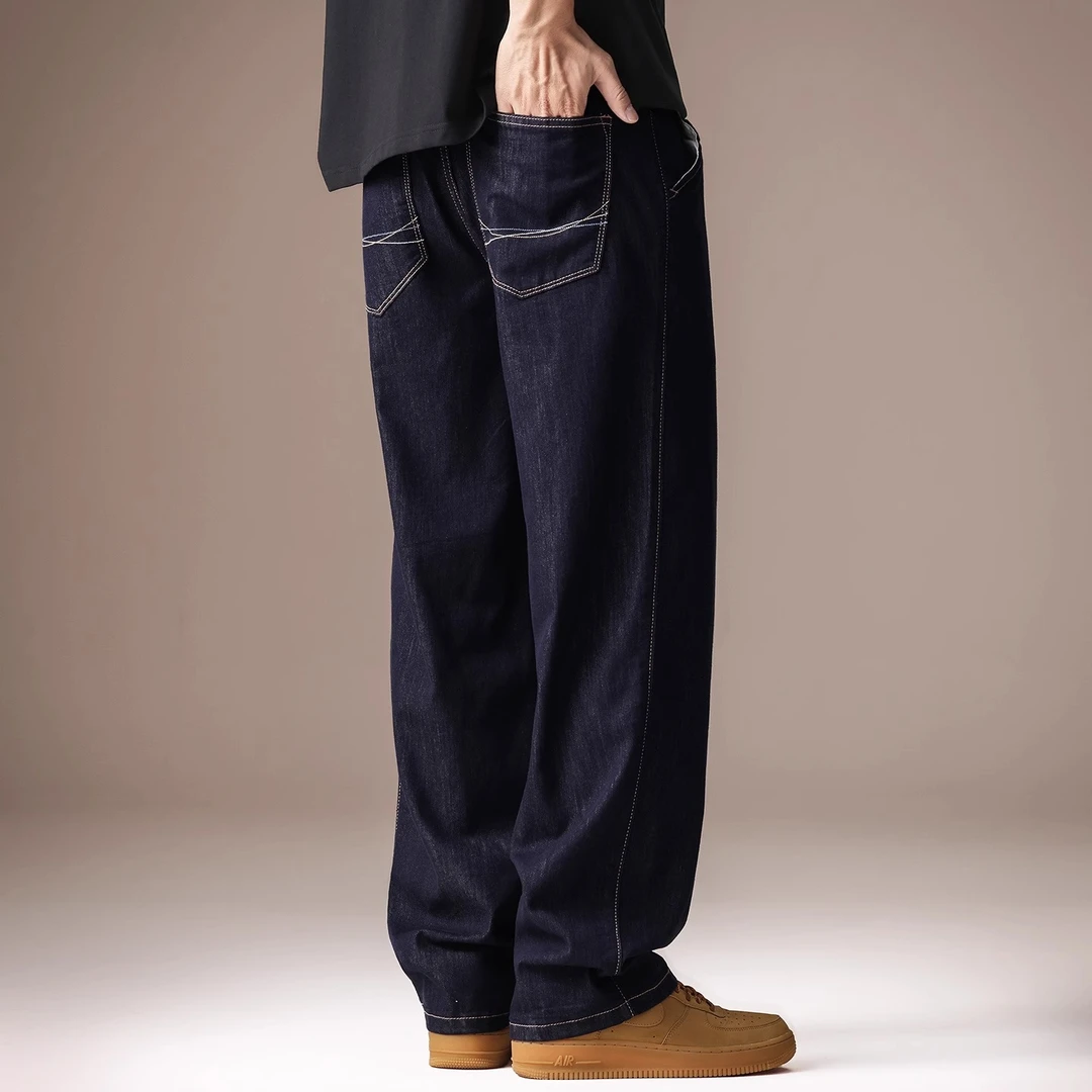 高端美式复古丹宁水洗牛仔裤男夏季阔腿宽松直筒原色休闲长裤子男