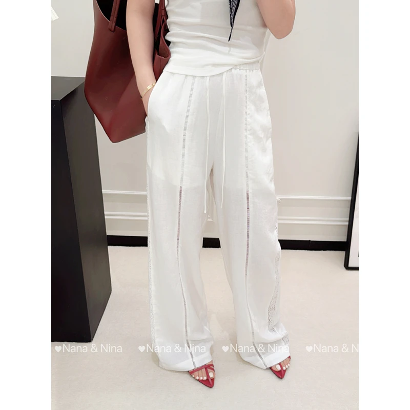 2025夏季新款时尚松紧腰抽绳亚麻阔腿裤女直筒百搭休闲裤