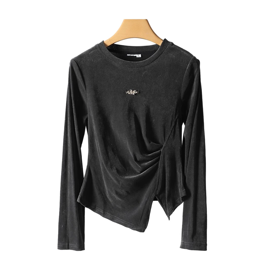 【魔】剪标25春品牌折扣休闲酷辣圆领捏褶修身不规则绒面上衣女638