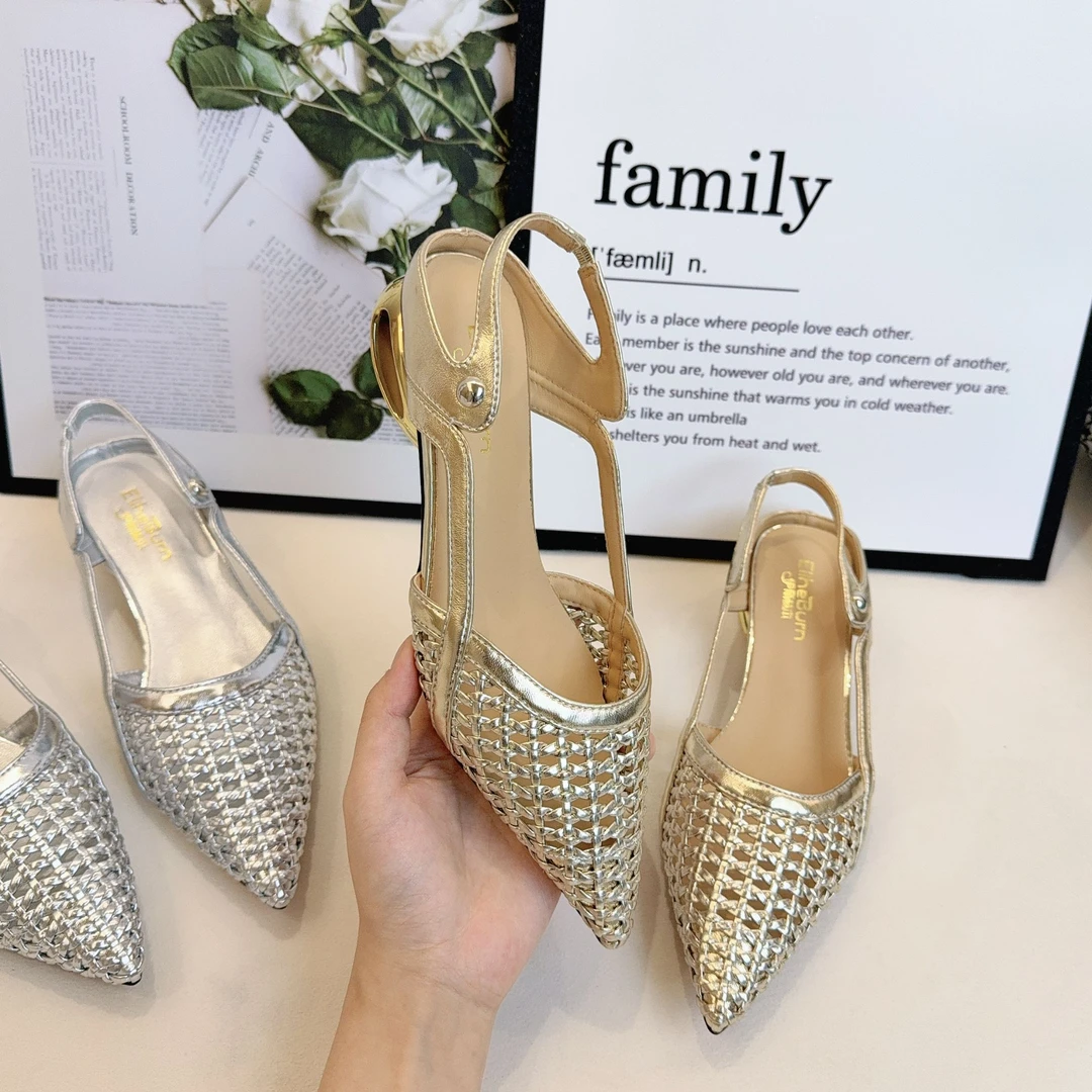 法式复古单鞋浅口编织镂空粗跟方头中跟女鞋35-57G