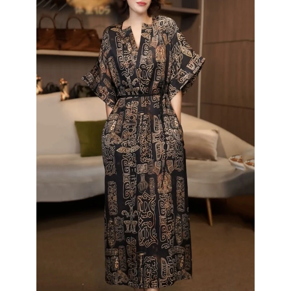 时髦气质贵妇人妈妈装显瘦连衣裙2025夏季新款收腰显瘦休闲长裙