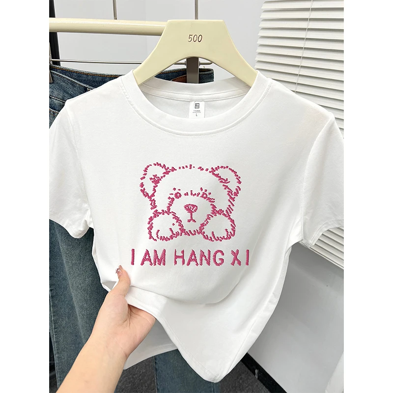 洋气设计感印花短袖t恤女夏季新款韩版休闲百搭正肩大码圆领上衣