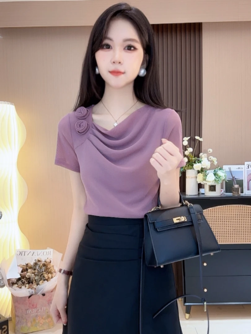 603洋气堆堆领玫瑰花网纱纯色打底衫女春季新款妈妈显瘦弹力上衣