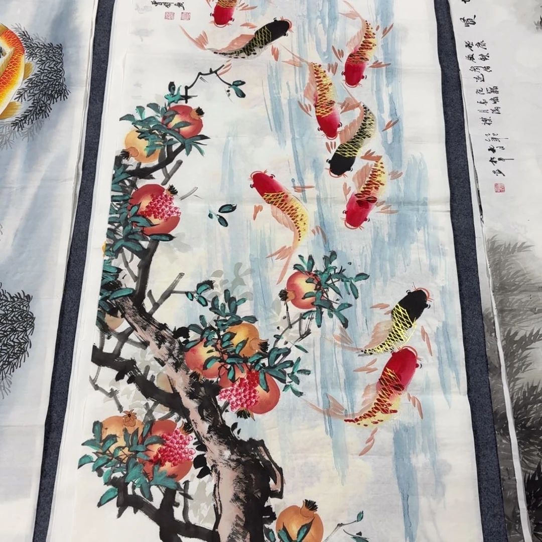 国画140×70石榴鱼金线鱼手绘画画画画