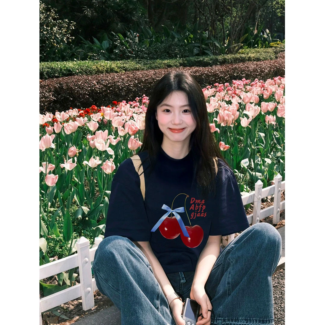 ABFP韩版短袖t恤蝴蝶结樱花印花纯棉宽松慵懒风圆领百搭潮牌上衣