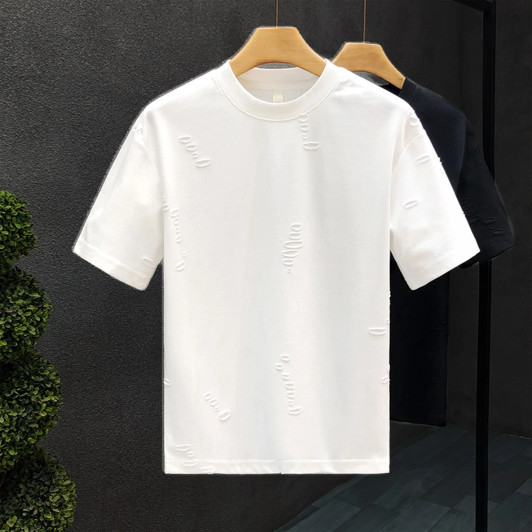 郎的型男痞帅破洞短袖t恤男潮牌个性圆领半袖2025夏季新款体恤衫