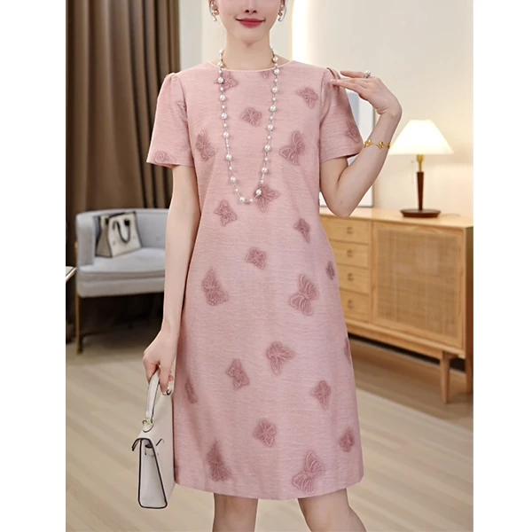 夏季轻奢时尚名媛气质收腰A字时尚显瘦刺绣蝴蝶提花短袖连衣裙