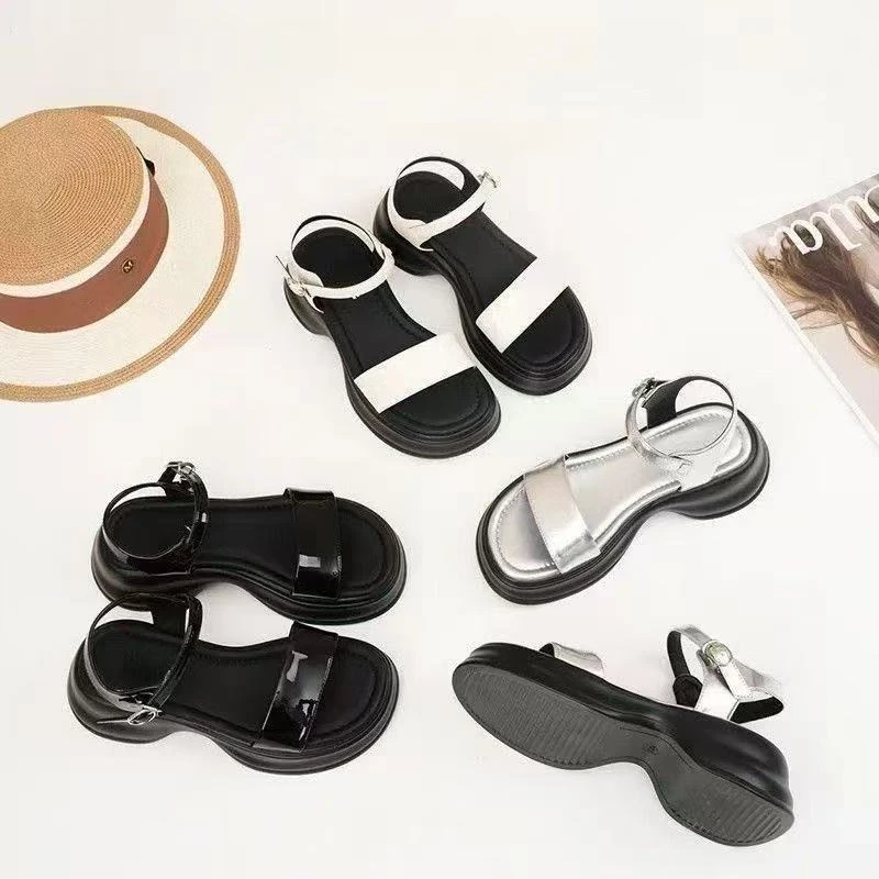 蕊风韩版仙女风一字带厚底凉鞋女2025夏季新款时尚露趾软底中跟鞋