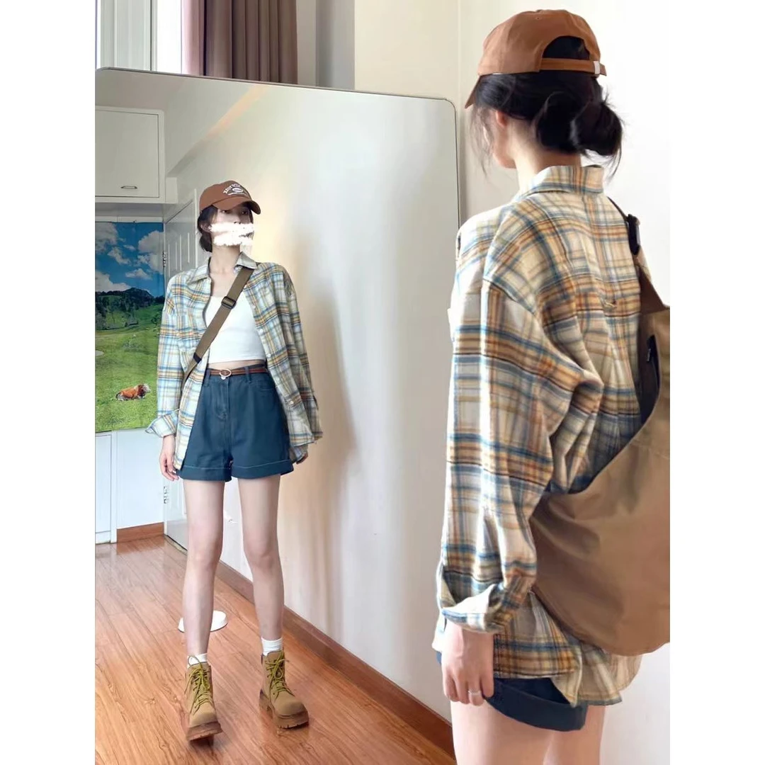 复古港风格子显瘦衬衫女设计感小众polo领长袖衬衣宽松上衣5126#