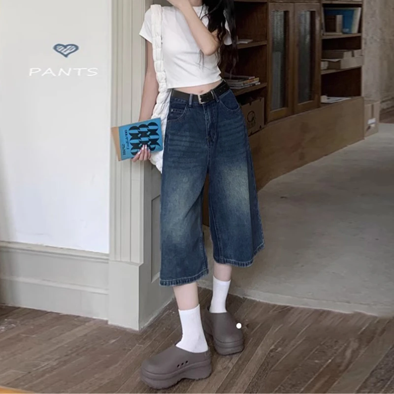 复古七分牛仔短裤女夏季大码微胖mm高腰显瘦宽松直筒阔腿裤中裤子