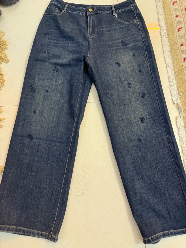 大码印花牛仔裤蓝色休闲裤