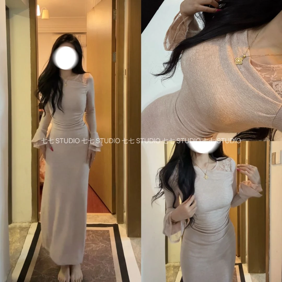 七七【优雅弧度】纯欲蕾丝内搭修身显瘦秋冬打底长裙连衣裙女Q1111