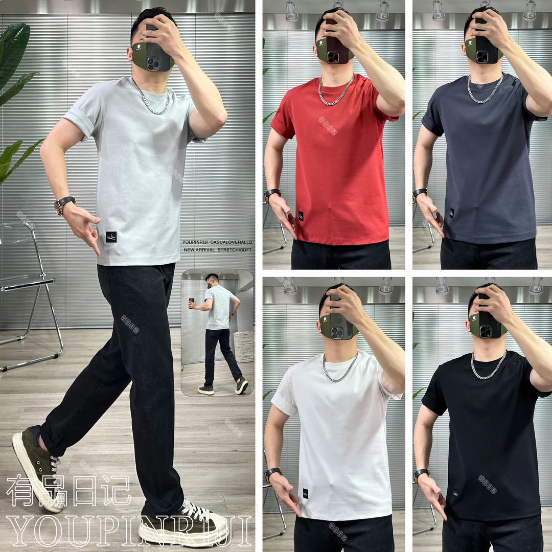 新款重磅短袖T恤美式简约纯色棉男士圆领小标百搭打底衫夏季爆款