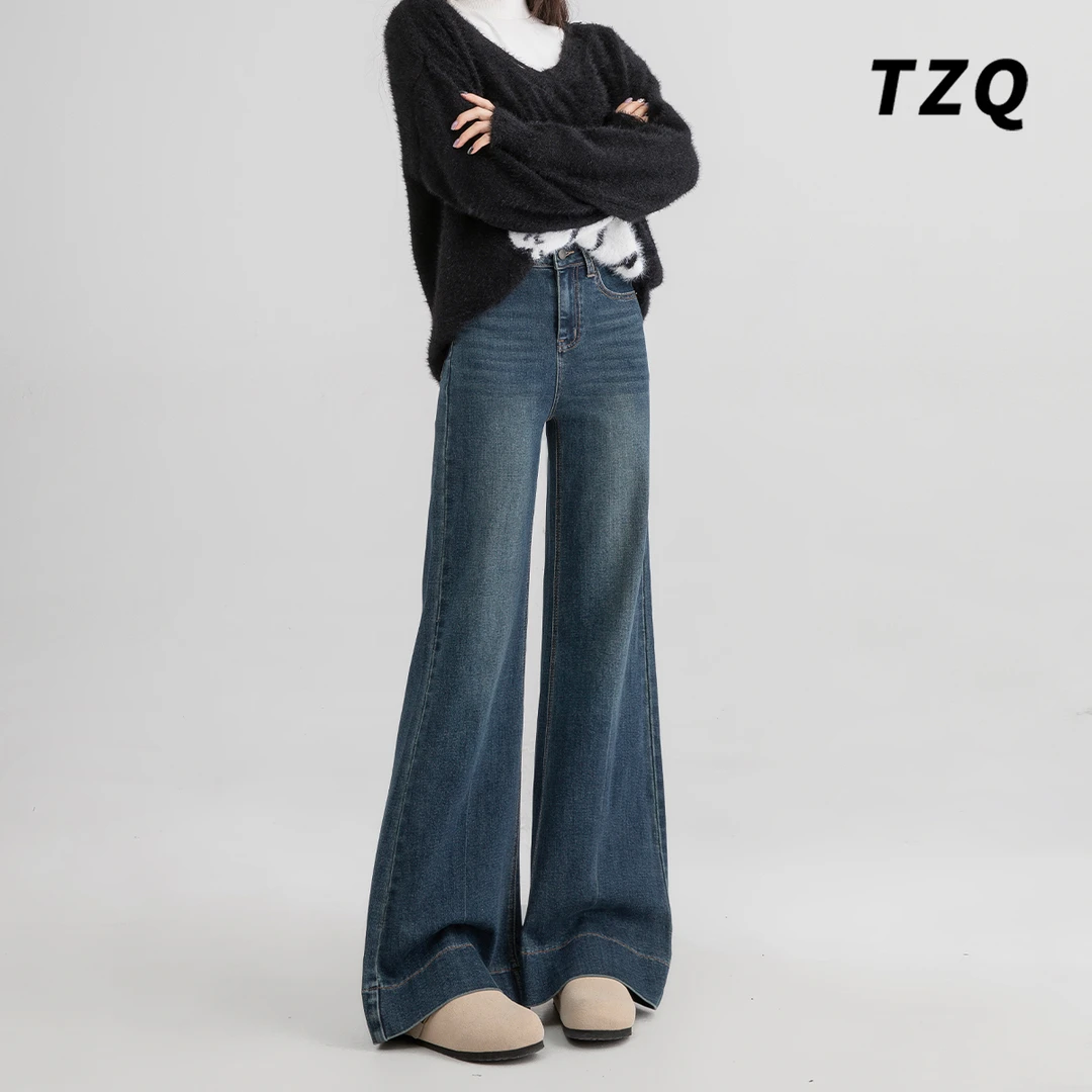 韩版复古蓝不贴腿微喇加绒牛仔裤女2024高腰百搭显瘦长裤TZQ82811