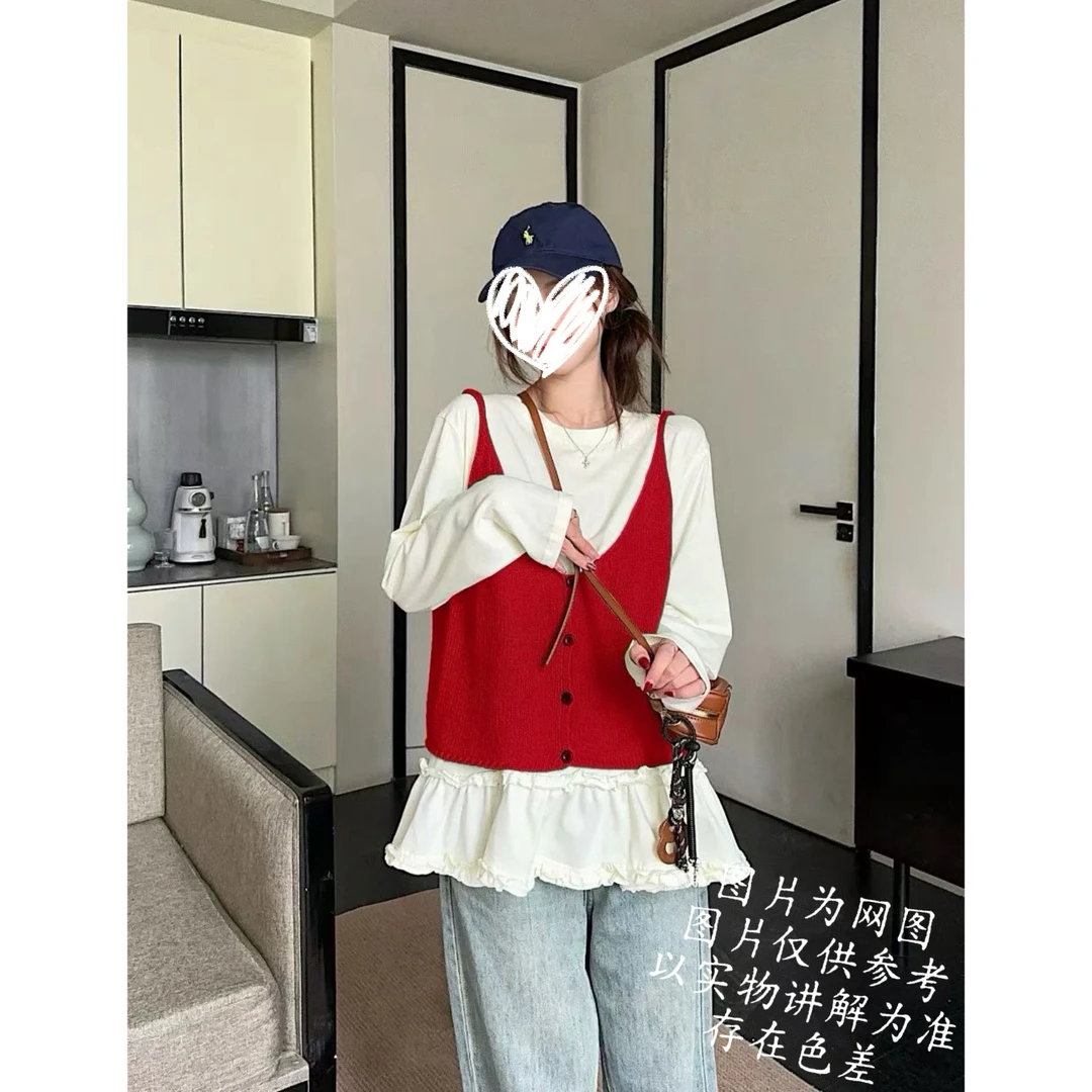 【大白莎家】大码韩系宽松圆领针织马甲叠穿木耳边长袖T恤上衣