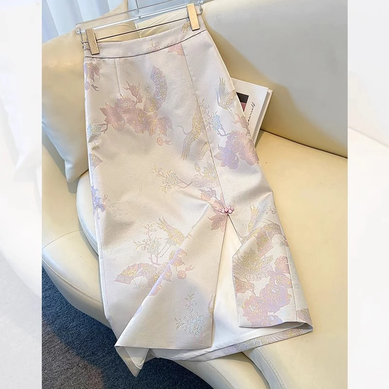 拉夏贝尔气质粉色国风半身裙女2025春秋新款印花直筒包臀a字裙子