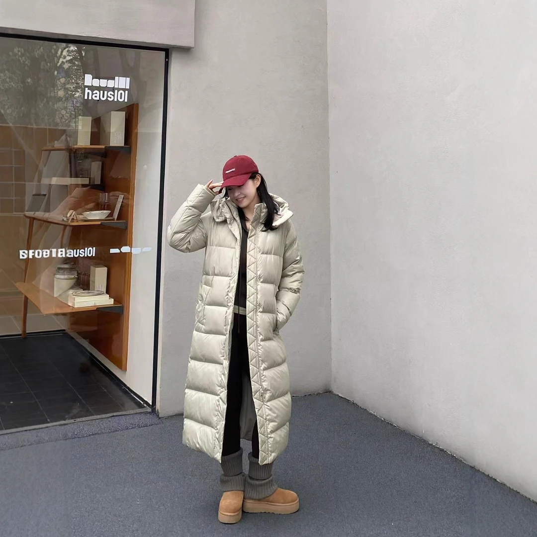 骆驼休闲经典高端版L家同款九格连帽羽绒服女中长款过膝休闲时尚