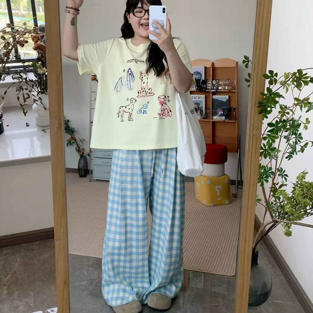 新款大码女装休闲舒适直筒格子裤长裤 5918