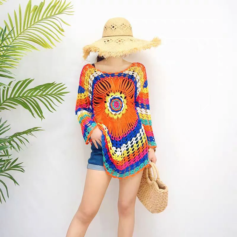 新款旅游度假风罩衫蕾 丝镂空勾花波西米亚针织套头防晒衫