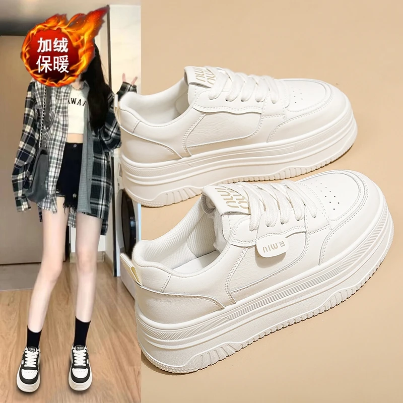 加绒厚底小白鞋女板鞋2025秋冬新款百搭小个子增高学生休闲运动鞋