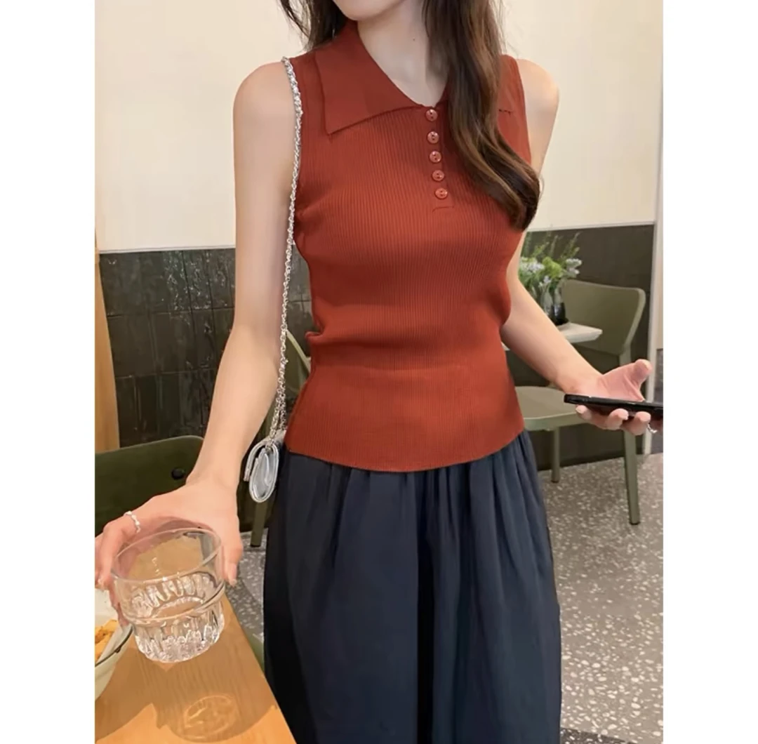 【现货】夏季翻领螺纹轻薄款港风无袖线衫百搭休闲气质衬衣