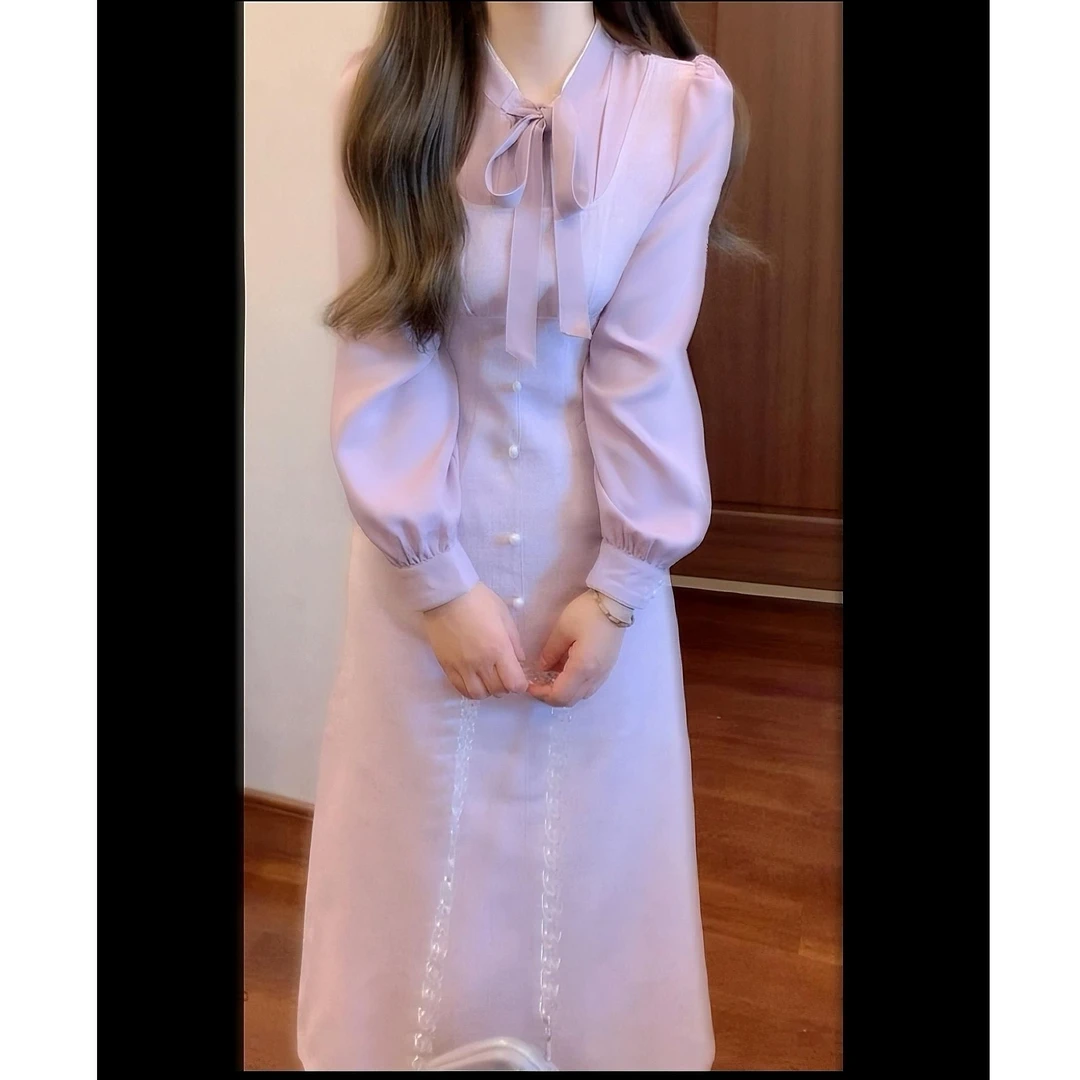 哥弟阿玛施正复古法式温柔小香风紫色假两件连衣裙职业港风高级感