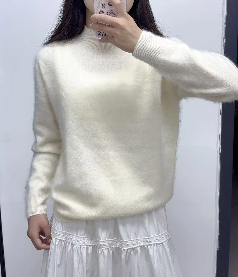 常规针织厚款圆领纯色拼接衫白色半高领温婉风百分百羊毛