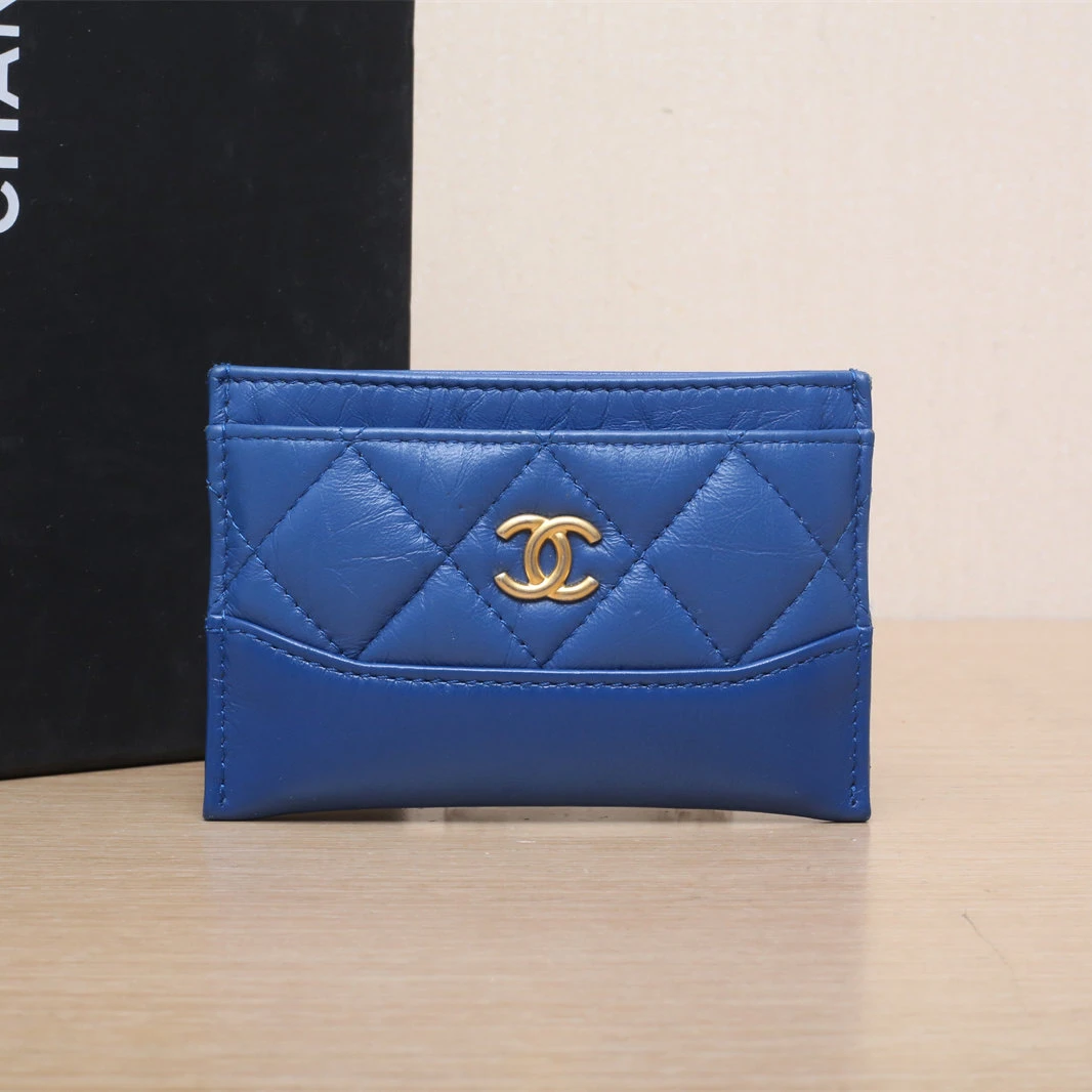 95新 Chanel/香奈儿 【攀攀】 蓝色 皮革S 26开 金扣 经典卡包