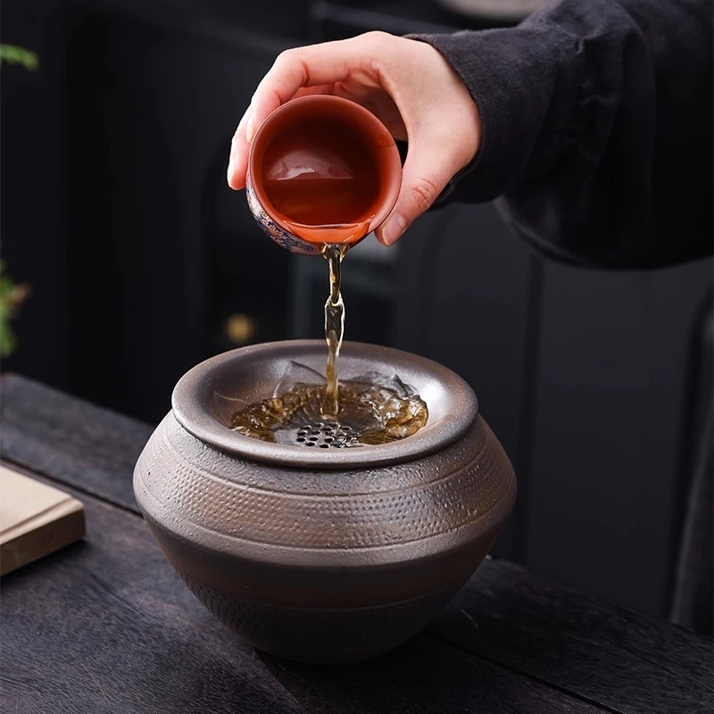 B313粗陶复古水盂茶洗茶渣分离废水缸大号过滤茶水茶渣缸茶道配件