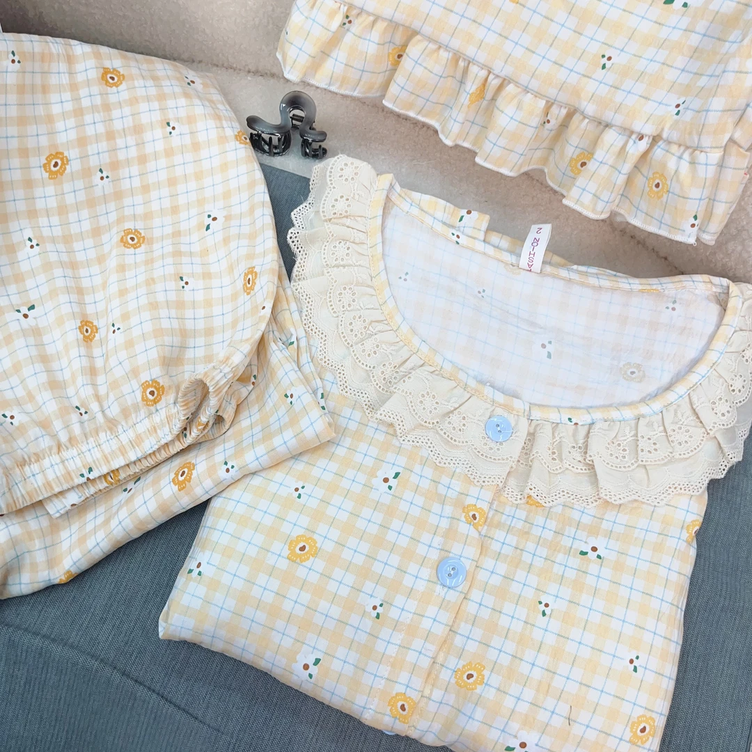 【R625】夏款黄格小花短袖短裤+长裤三件套+胸垫【开衫款】睡衣