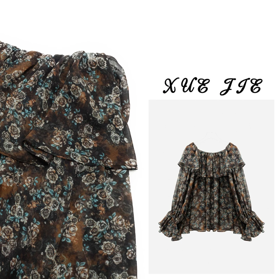 逸焰【雪姐花非花】-90792落肩袖法式碎花复古泡泡袖时尚提花连衣裙