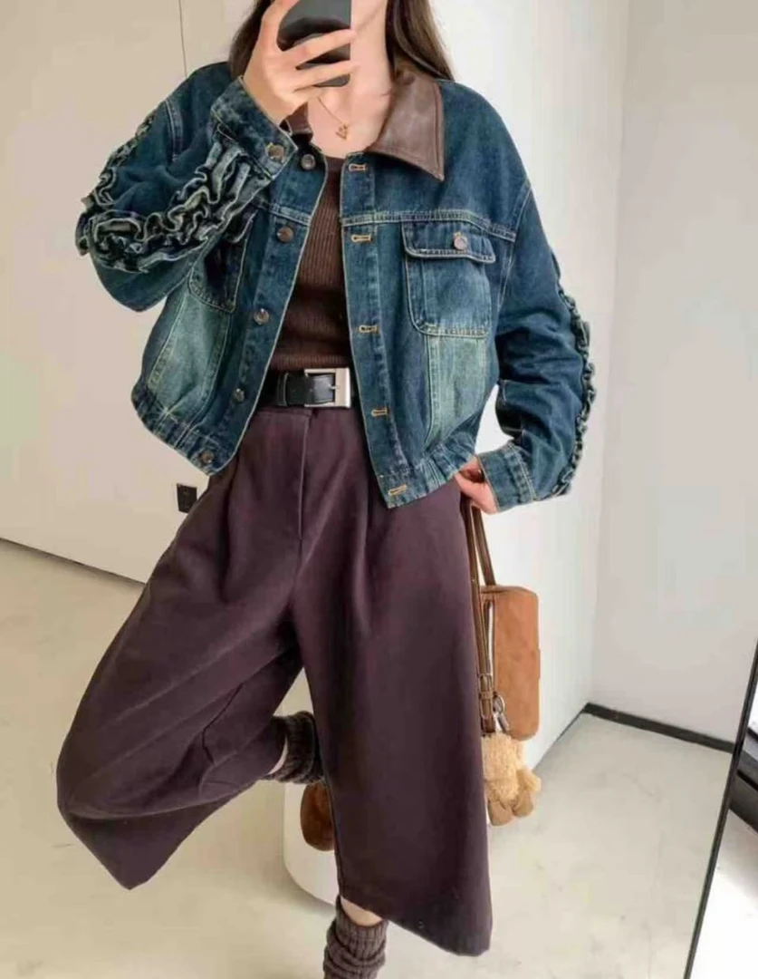 【1729】羽#木耳边拼接时尚牛仔外套