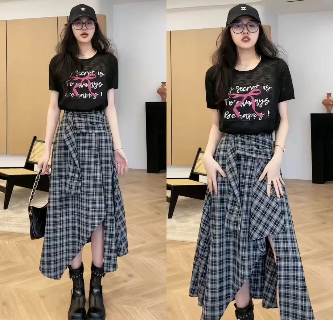 8806夏季新款简约字母印花T恤薄款微透上衣高腰不规则半身裙套装