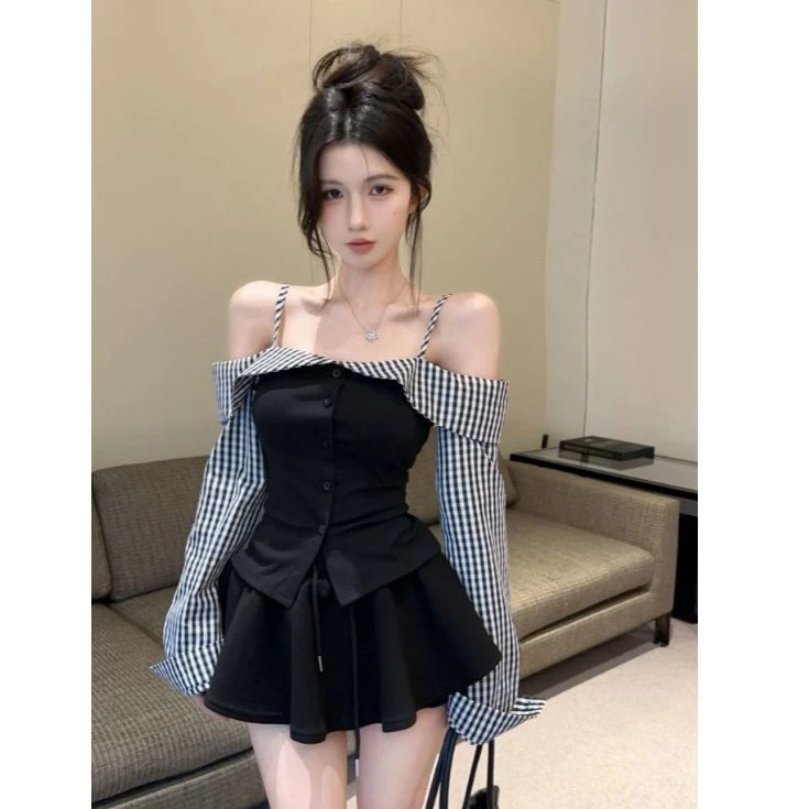春秋纯欲懒惰风女装韩版格子拼接长袖T恤ins辣妹吊带独特漂亮小衫