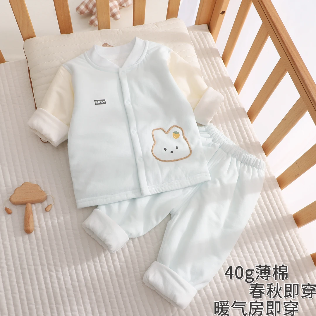 婴儿衣服纯棉a类春秋季夹棉薄棉睡衣分体外出服男女宝宝套装外穿
