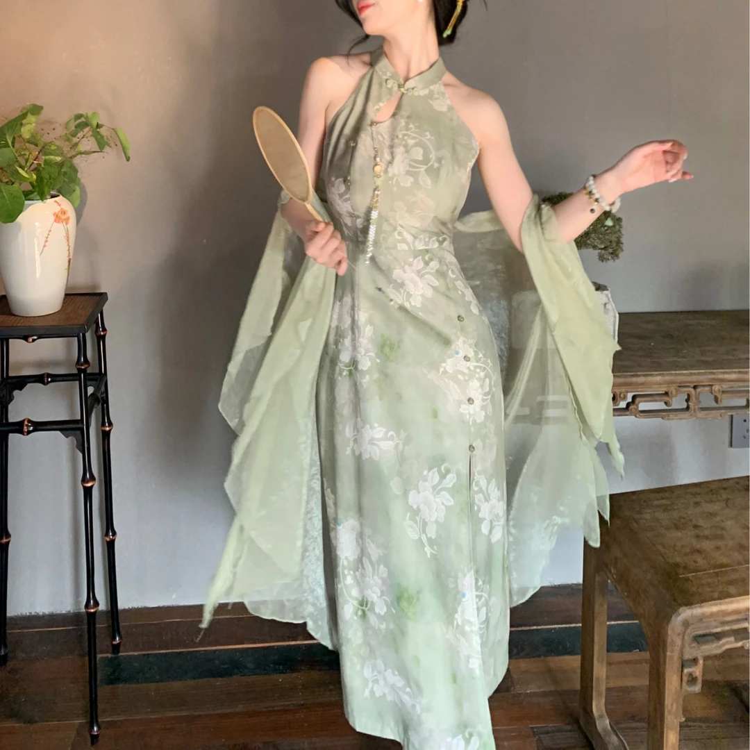 Blovelan青芜琉花啊 国风中式印花气质挂脖旗袍收腰显瘦夏季