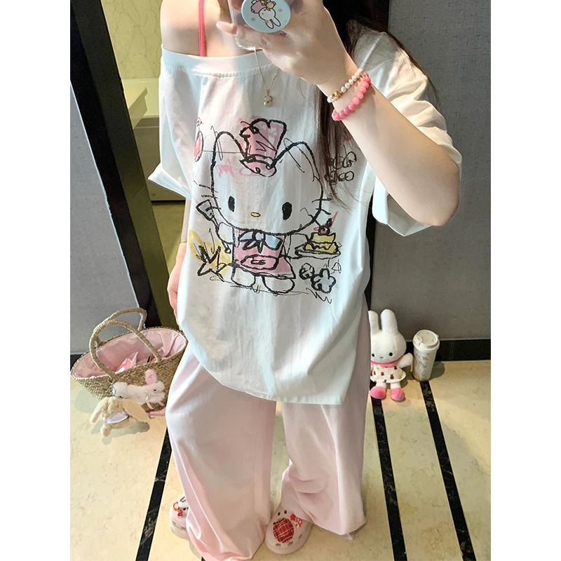 韩系可爱卡通Kitty睡衣T恤女夏季新款短袖长裤可外穿家居服两件套